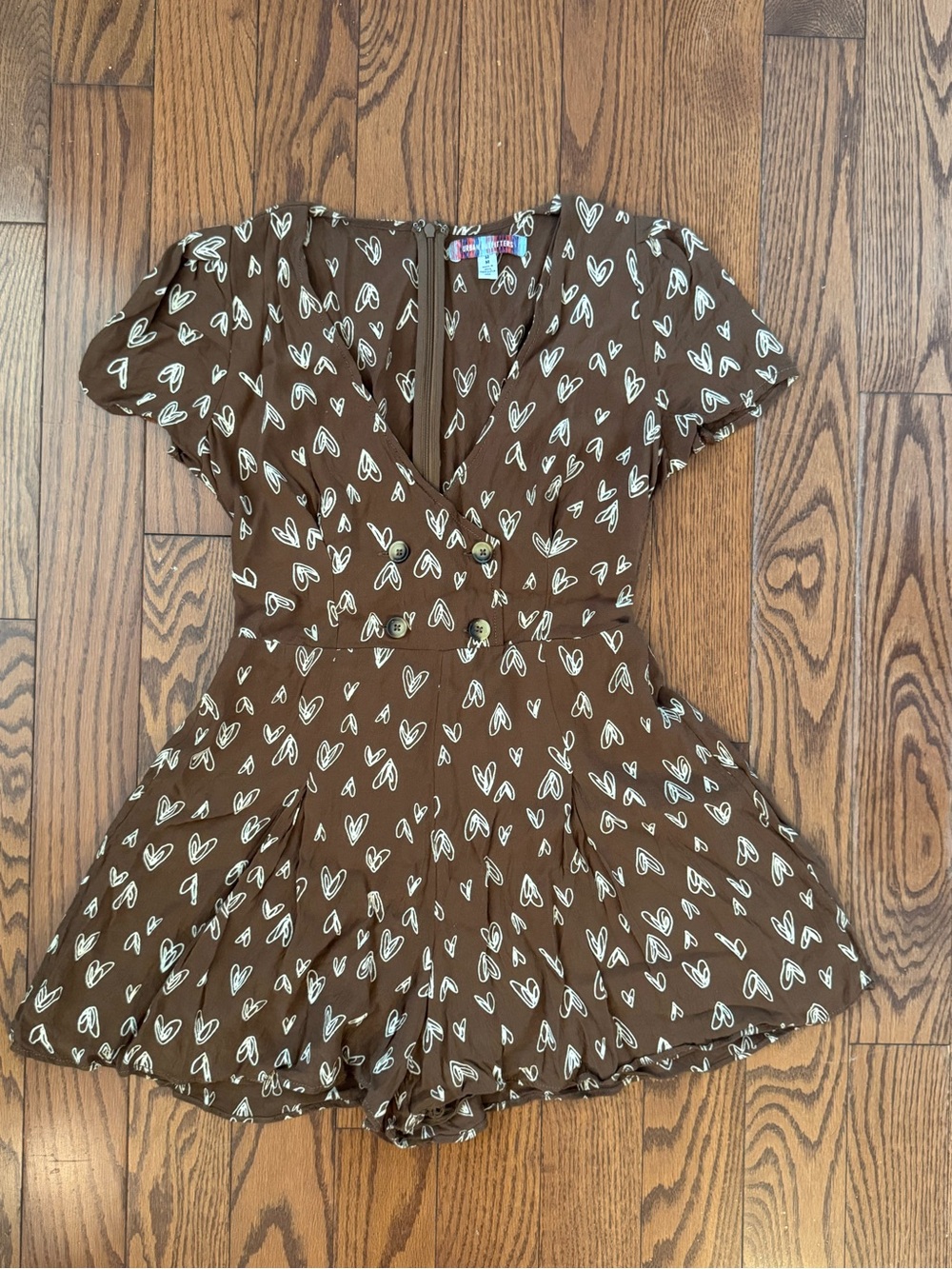 Urban Outfitters Juliette Heart-Print Short Sleeve Romper in Brown